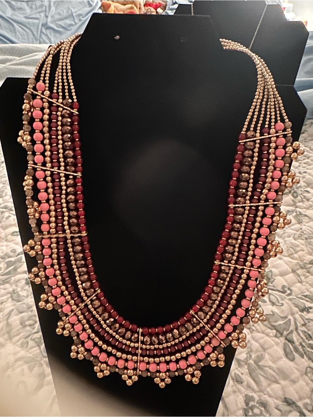 Versona Multistrand Pink, Burgundy and Gold Beaded Necklace